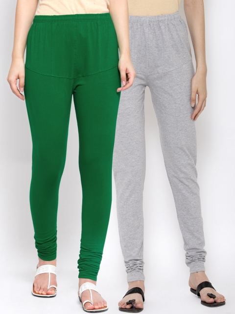 

KLOTTHE Women Pack of 2 Solid Cotton Churidar-Length Leggings, Green