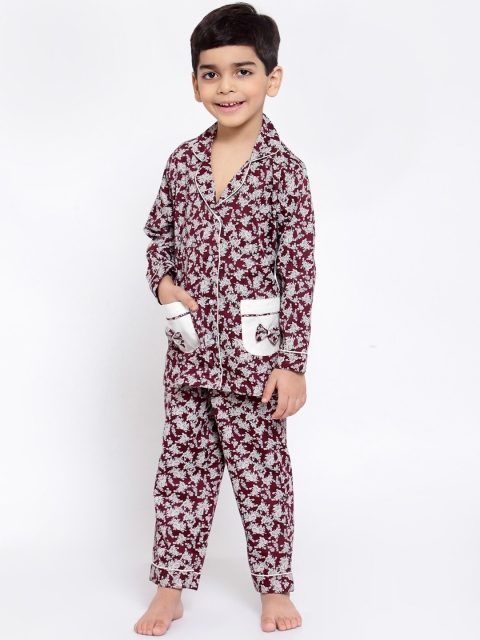 

MAXENCE Boys Maroon & Grey Printed Night suit