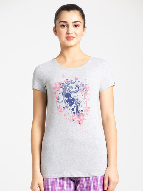 

Jockey Women Grey & Navy Blue Typography Printed Cotton T-shirt