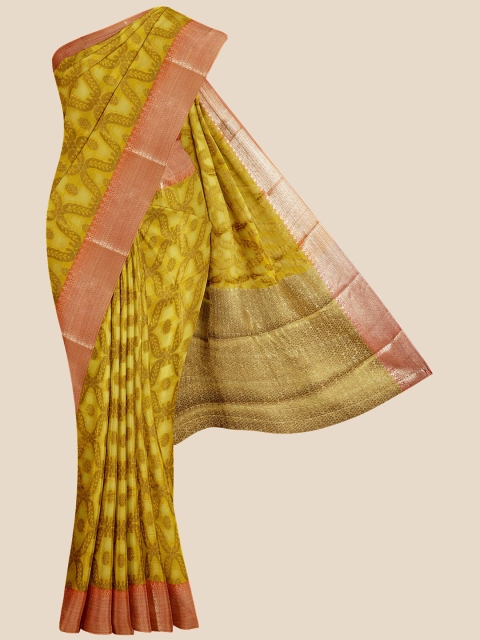 

Kalamandir Mustard Yellow & Pink Ethnic Motifs Zari Banarasi Saree