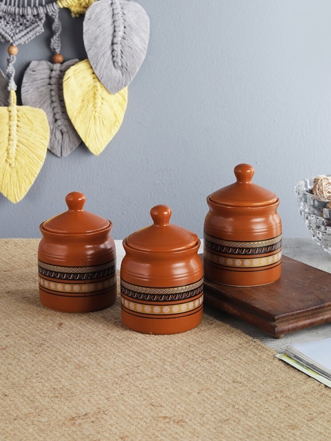 

The Decor Mart Set Of 3 Brown Printed Ceramic Glossy Kulladhs