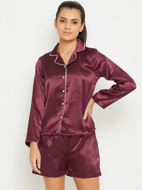 

PANIT Women Burgundy Satin Finish Night suit