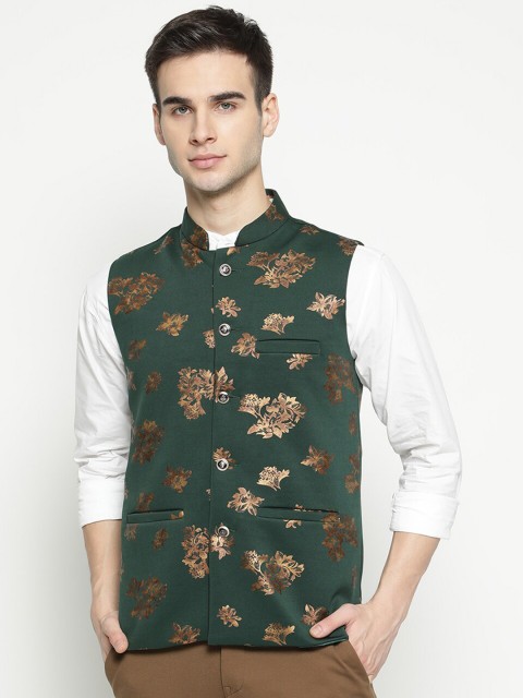 

V2 Value & Variety Men Green & Gold-Coloured Printed Woven Pure Cotton Nehru Jacket