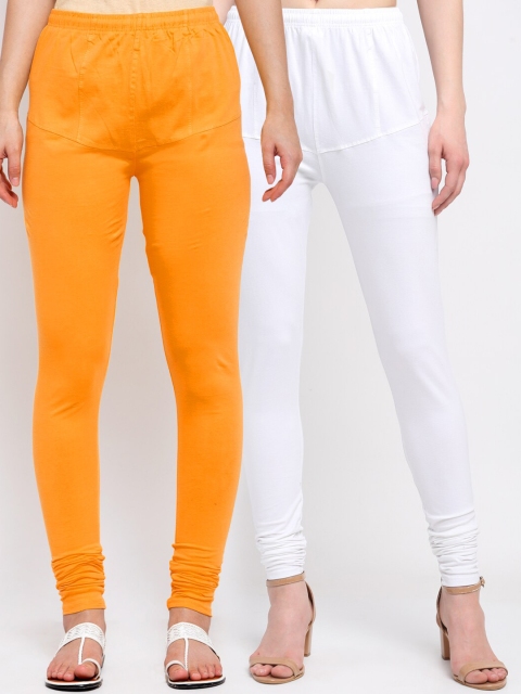 

KLOTTHE Women Pack Of 2 Solid Cotton Churidar-Length Leggings, Orange