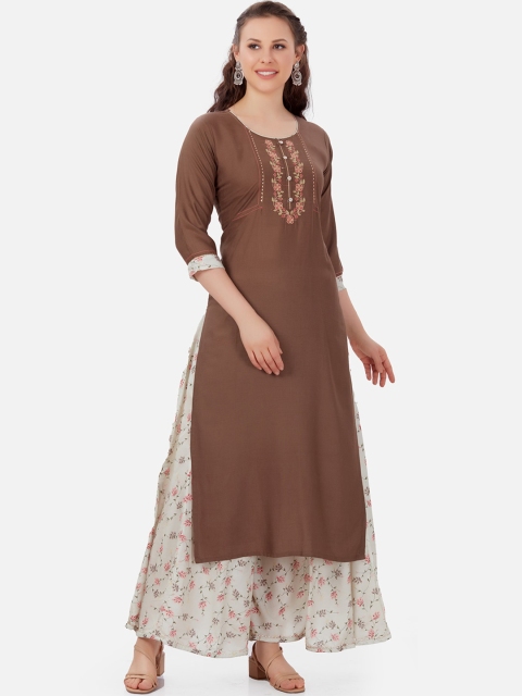 

Kiana Women Coffee Brown Embroidered Kurta with Printed Skirt