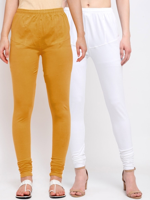 

KLOTTHE Women Pack Of 2 Solid Churidar-Length Cotton Leggings, Mustard