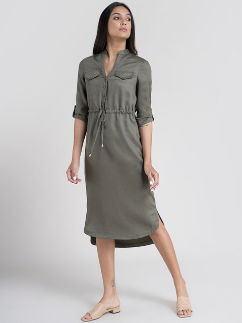 

FableStreet Women Olive Green Shirt Dress