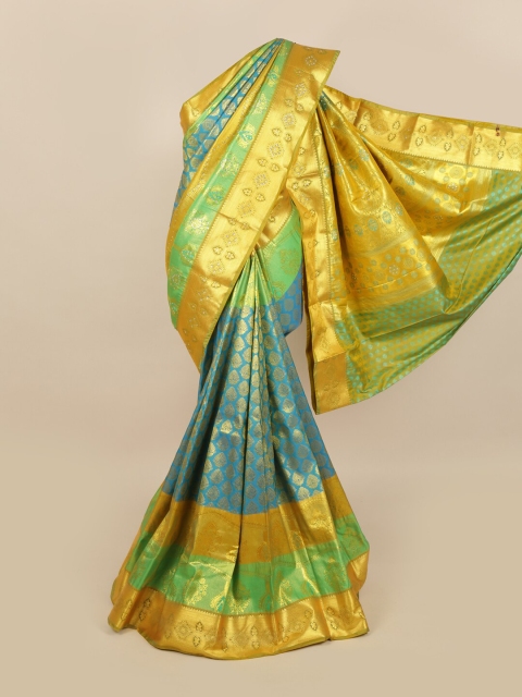 

Pothys Blue & Gold Ethnic Motifs Woven Design & Stone Work Detail Silk Blend Saree