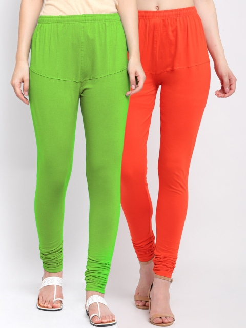 

KLOTTHE Women Pack Of 2 Solid Cotton Churidar-Length Leggings, Green