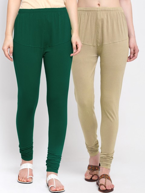 

KLOTTHE Women Pack Of 2 Solid Cotton Churidar-Length Leggings, Green