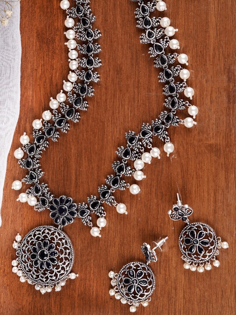 

TEEJH Oxidised Silver-Plated & Black Stone-Studded & Beaded Jewellery Set