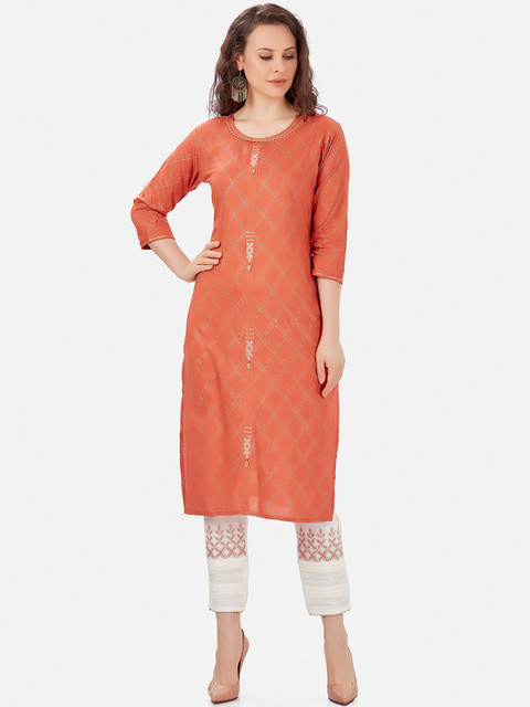 

Kiana Women Rust Embroidered Kurta with Trousers