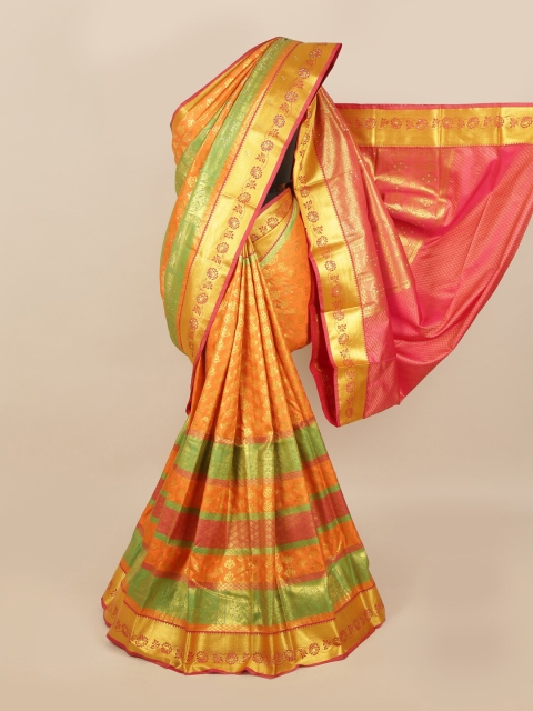 

Pothys Orange & Green Ethnic Motifs Zari Woven Design & Stone Work Detail Silk Blend Saree