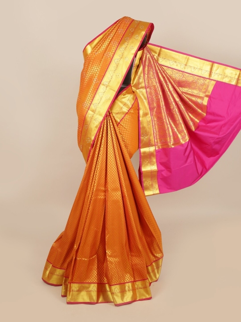 

Pothys Orange & Golden Ethnic Motifs Stone Work Detail Saree