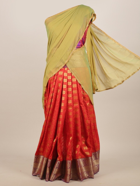 

Pothys Green & Red Ethnic Motifs Zari Half and Half Saree