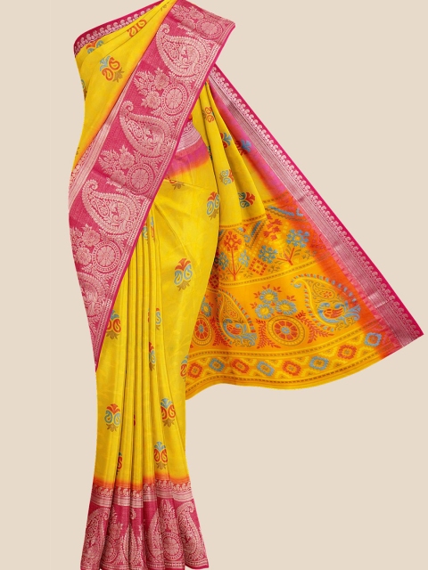 

Kalamandir Yellow & Pink Ethnic Motifs Zari Chanderi Saree