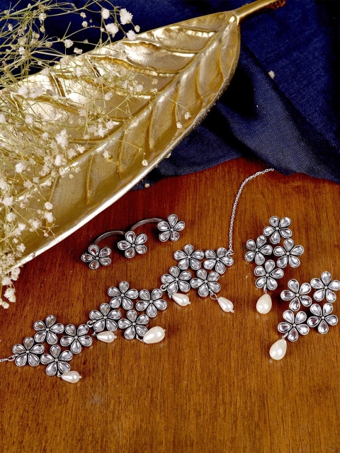 TEEJH Oxidized Silver-Toned White Polki-Studded Pearl Beaded Handcrafted Jewellery Set