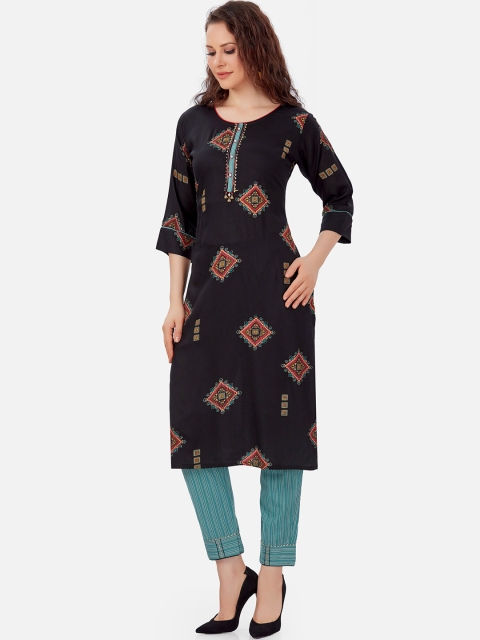

Kiana Women Black Ethnic Motifs Printed Kurta with Striped Printed Trousers