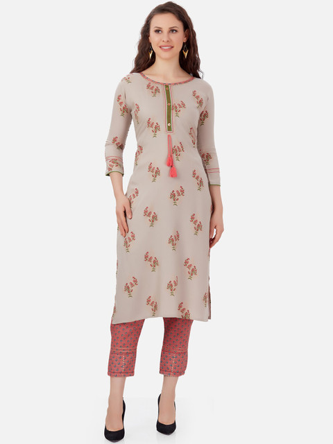 

Kiana Women Grey Floral Printed Kurta with Printed Trousers