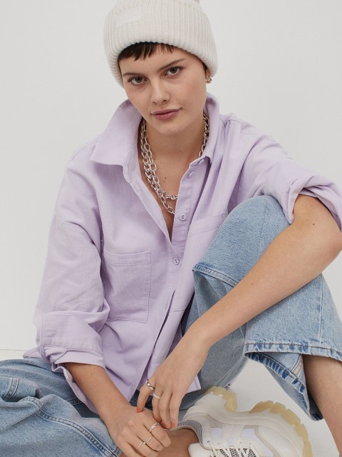 

H&M Women Purple Oversized Corduroy Shirt