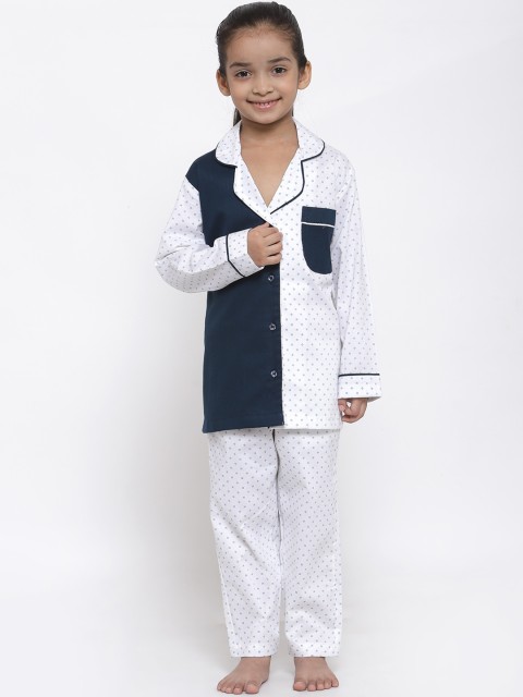 

MAXENCE Girls White & Blue Printed Night suit