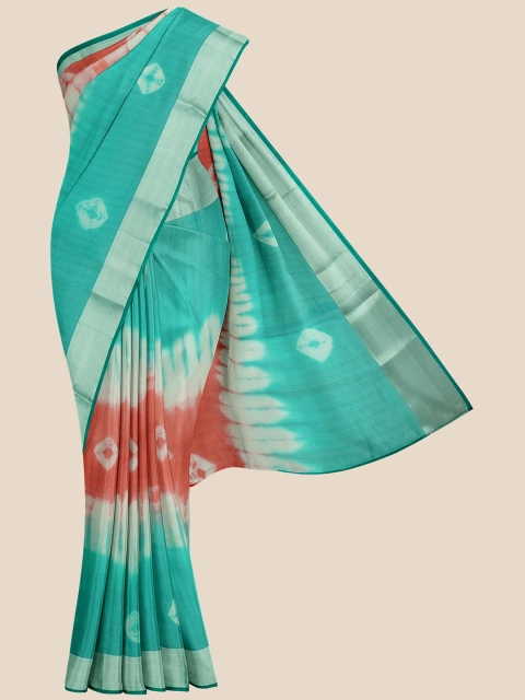 

Kalamandir Turquoise Blue & Coral Bandhani Zari Banarasi Saree