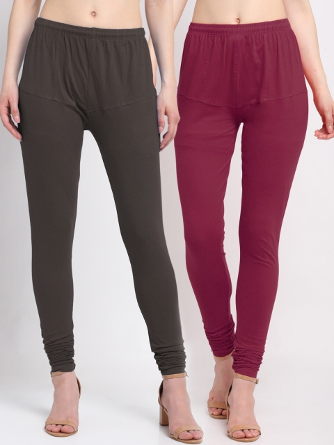 

KLOTTHE Women Pack of 2 Brown & Maroon Solid Cotton Churidar-Length Leggings