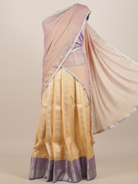 

Pothys Cream-Coloured & Purple Ethnic Motifs Zari Half Saree