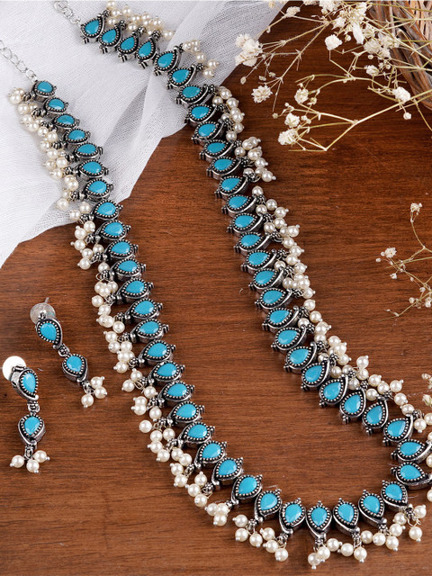 

TEEJH Oxidised Silver-Plated Green & White Stone Studded & Beaded Jewellery Set