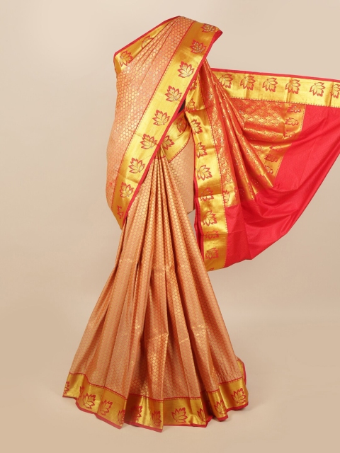 

Pothys Golden & Pink Ethnic Motifs Zari & Stone Work Detail Saree, Gold
