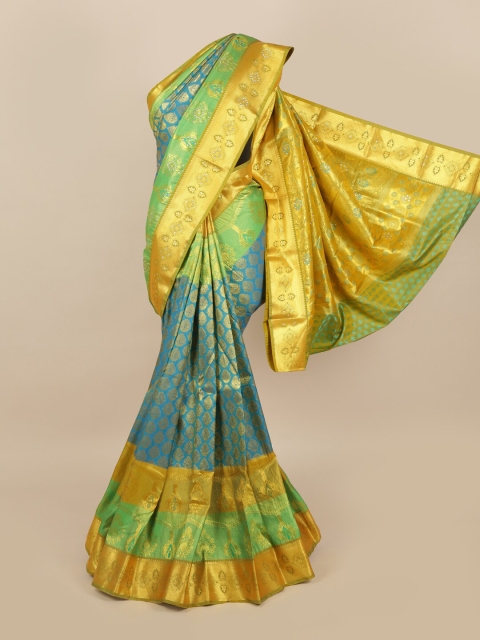 

Pothys Blue & Green Ethnic Motifs Zari Woven Design & Stone Work Detail Silk Blend Saree