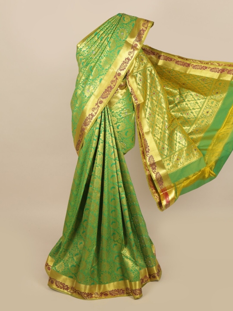 

Pothys Green & Golden Ethnic Motifs Zari & Stone Work Detail Saree