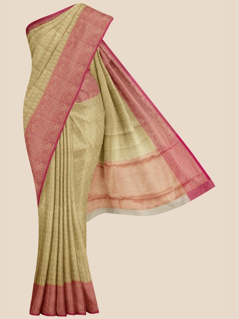 

Kalamandir Olive Green & Pink Ethnic Motifs Zari Silk Blend Banarasi Saree