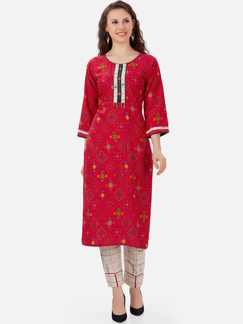 

Kiana Women Pink Printed Pleated Kurti with Skirt