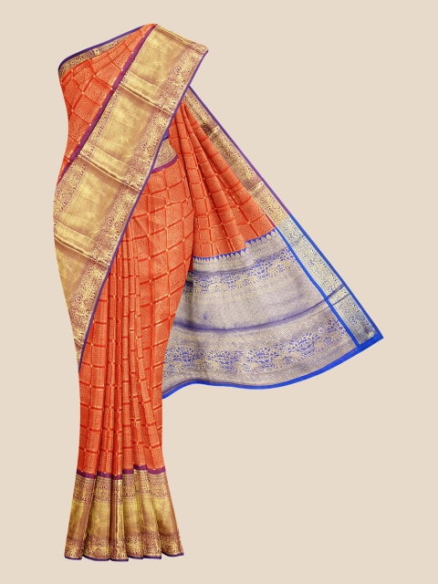 

Kalamandir Orange & Golden Checked Zari Silk Blend Banarasi Saree