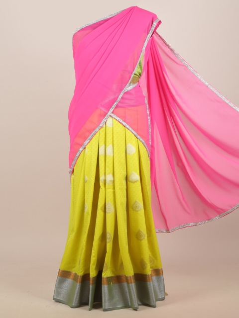 

Pothys Pink & Yellow Ethnic Motifs Zari Half and Half Saree