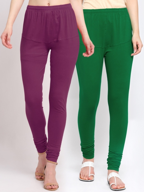 

KLOTTHE Women Pack Of 2 Green & Purple Solid Cotton Churidar-Length Leggings