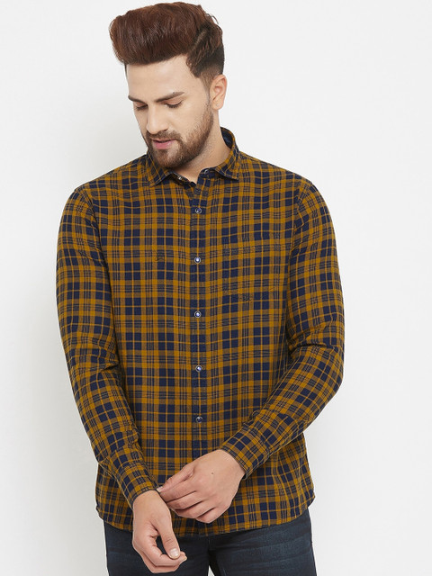 

Canary London Men Khaki & Blue Tartan Checked Slim Fit Casual Shirt