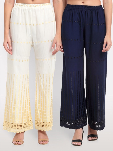 

NEUDIS Women Set of 2 Embroidered Ethnic Palazzos, Off white