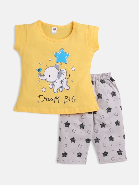 

Nottie Planet Girls Yellow & Off White Printed Night suit