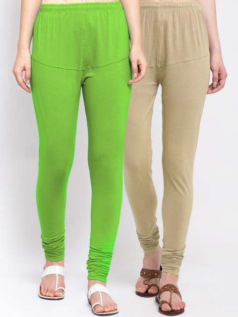 

KLOTTHE Women Pack Of 2 Green & Beige Solid Churidar-Length Cotton Leggings