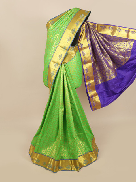 

Pothys Green & Gold Ethnic Motifs Zari Woven Design & Stone Work Detail Silk Blend Saree