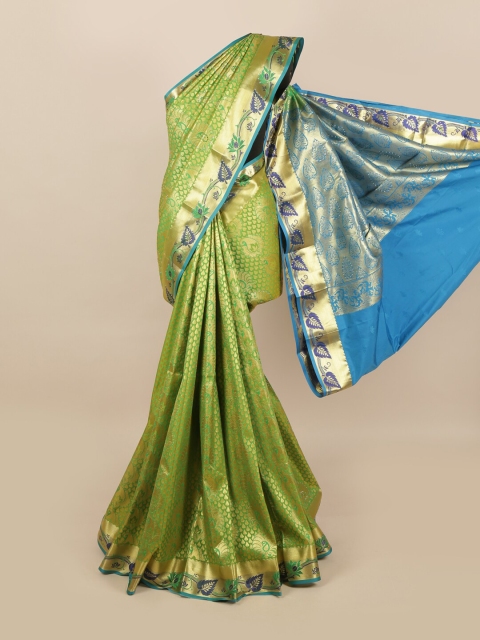 

Pothys Green & Blue Ethnic Motifs Zari Woven Design & Stone Work Detail Silk Blend Saree