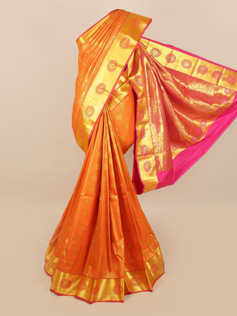 

Pothys Orange & Gold Ethnic Motifs Woven Design & Stone Work Detail Silk Blend Saree