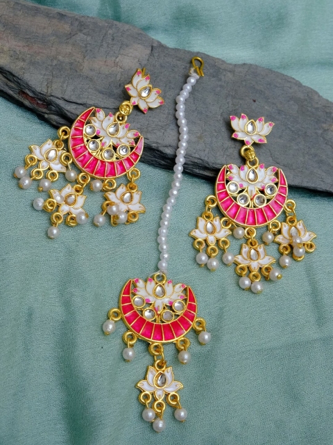 

Crunchy Fashion Gold-Plated White & Red Kundan-Studded & Pearl Beaded Enamelled Meenakari Jewellery Set
