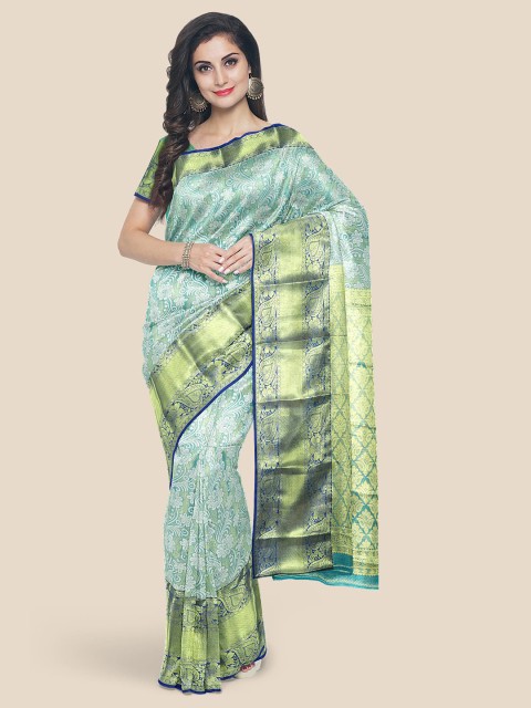 

KLM Fashion Mall Sea Green & Gold-Toned Woven Design Zari Silk Blend Kanjeevaram Saree