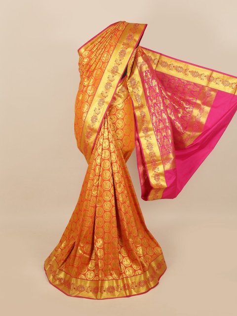 

Pothys Orange & Gold Ethnic Motifs Woven Design & Stone Work Detail Silk Blend Saree
