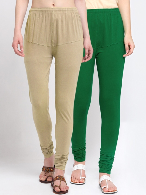

KLOTTHE Women Pack Of 2 Solid Cotton Churidar-Length Leggings, Green