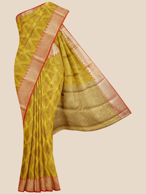 

Kalamandir Mustard Yellow & Orange Checked Zari Banarasi Saree