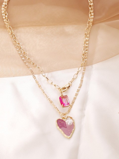 

YoungWildFree Gold-Toned & Pink Set of 2 Brass Gold-Plated Layered Necklace